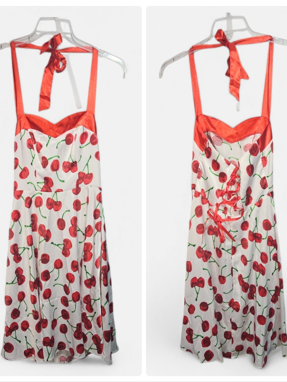 Dress Tells Women's White Dress Cherry Print Pin-up Size Medium Lace Up Back.